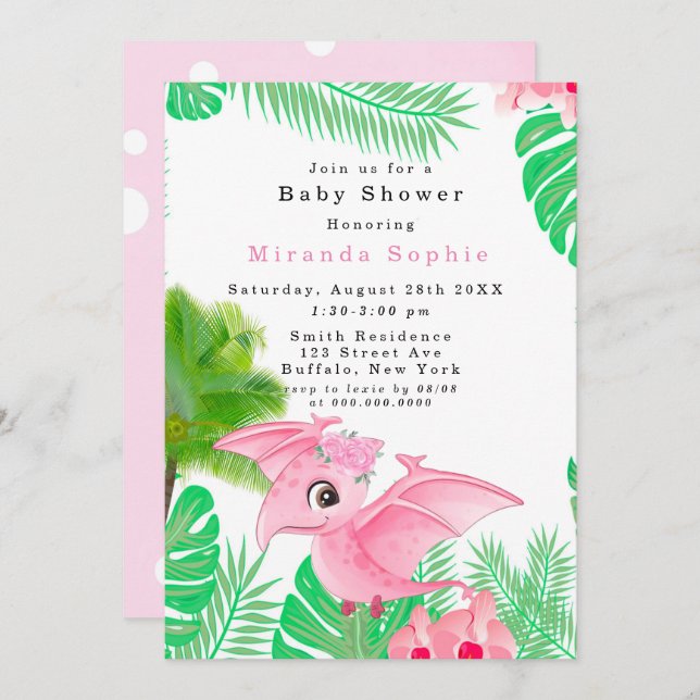 Invitation Tropical mignon rose Dinosaure bébé fille douche (Devant / Derrière)