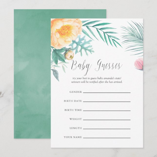 Invitation Tropical Mint Floral Baby shower de deviner jeu (Devant / Derrière)