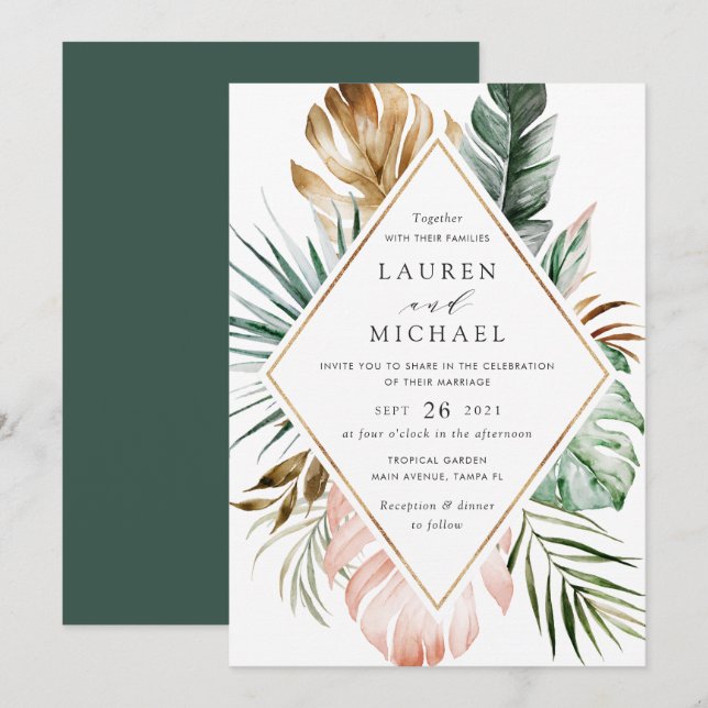 Invitation Tropical Moderne Palm Verdure Floral Blush (Devant / Derrière)