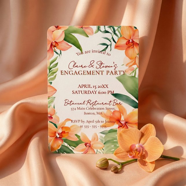 Invitation Tropical Orange Orchid & Greenery Engagement Party (Créateur téléchargé)