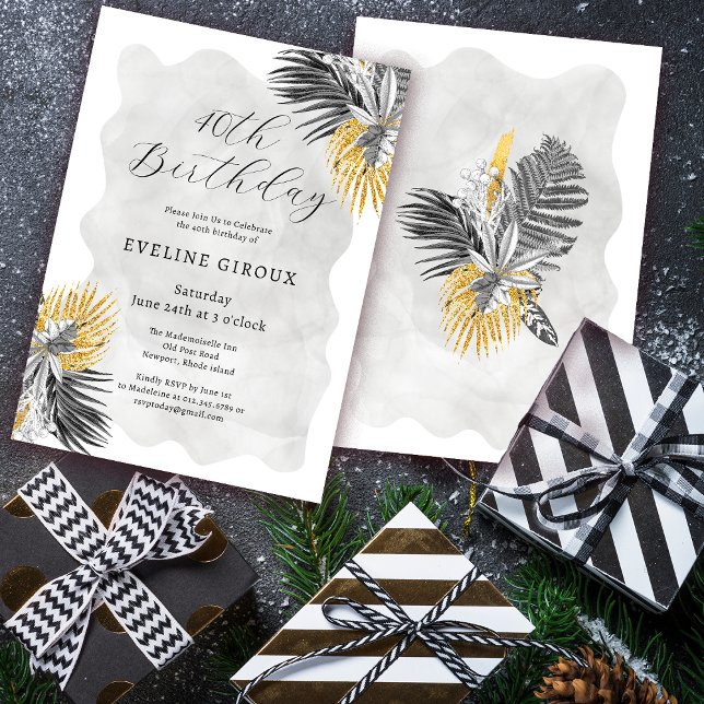 Invitation Tropical Palm Black White Gold 40e anniversaire (Need matching tropical palm party supplies? Message me!)