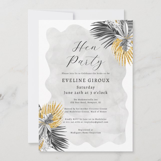 Invitation Tropical Palm Black White Gold Hen Party (Devant)