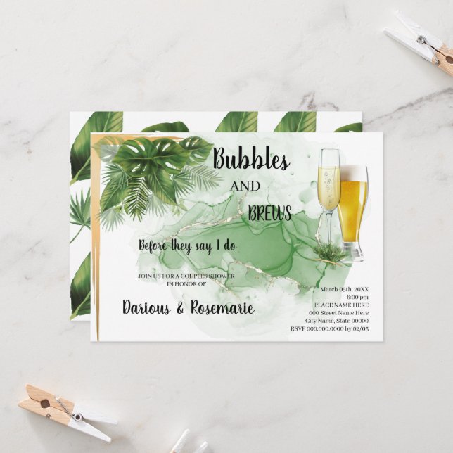 Invitation Tropical Palm Bubble & Brews Couples Douche (Devant/Arrière en situation)