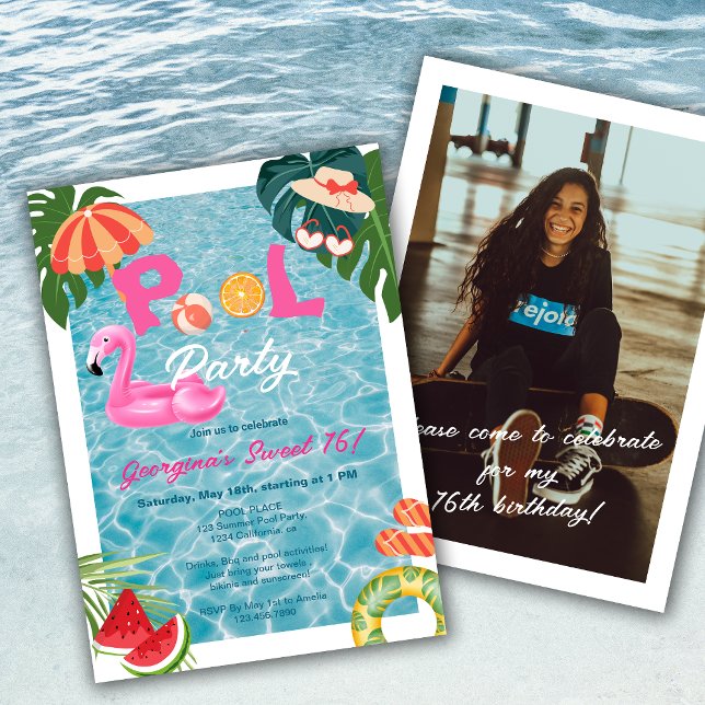 Invitation Tropical Palm Feuille Pool Party Sweet 16 Annivers (Tropical Palm Leaves Pool Party Girl Sweet 16 Birthday Invitation)