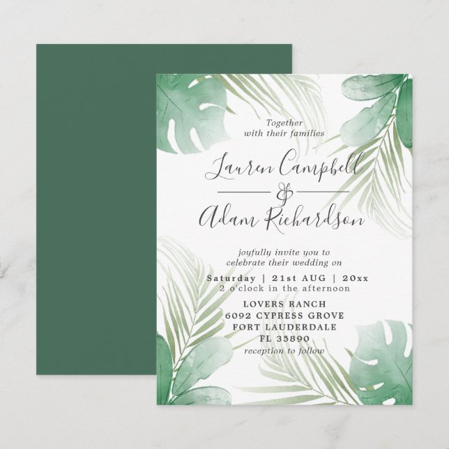 Invitation Tropical Palm Feuille Verdure Mariage aquarelle (Devant / Derrière)