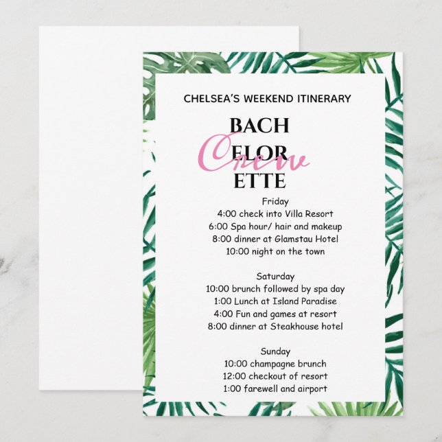 Invitation Tropical Palm Leafy Bachelorette Week-end (Devant / Derrière)