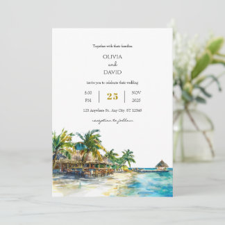 Invitation Tropical Palm Paradise Voyage Sandy Beach Mariage