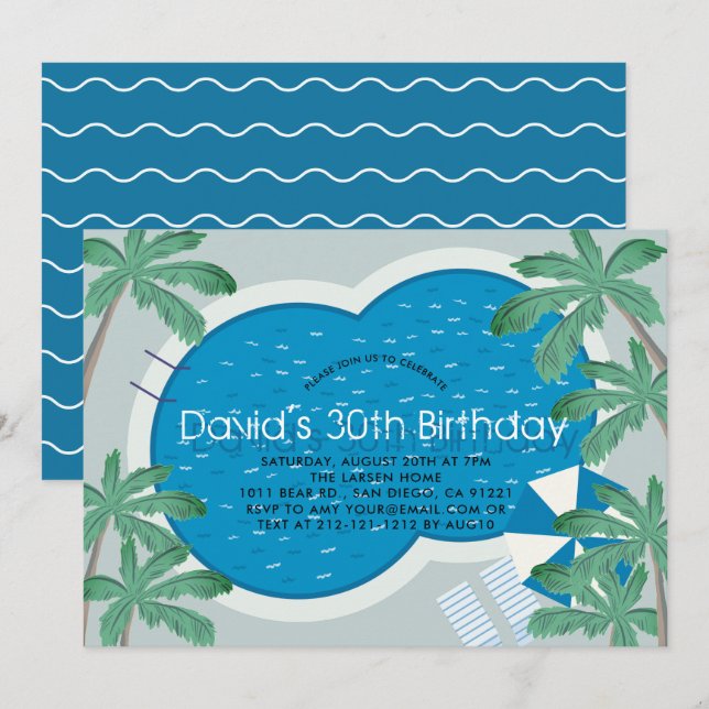 Invitation Tropical Palm Tree Pool Party Adulte Anniversaire (Devant / Derrière)