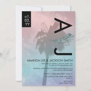 Invitation Tropical Palm Tree réaliste rose bleu Mariage Inv
