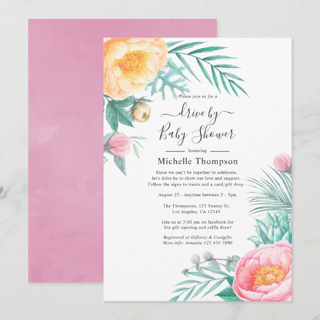 Invitation Tropical Pastel Floral Drive Par Douche (Devant / Derrière)