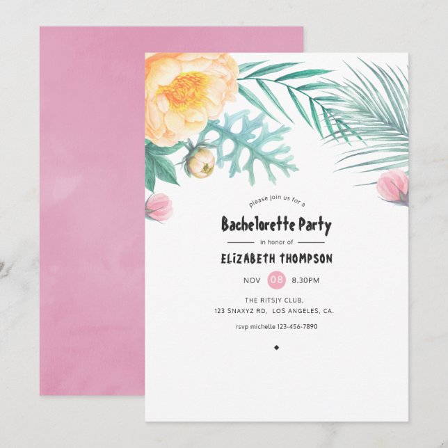 Invitation Tropical Pink and Mint Floral Bachelorette Party (Devant / Derrière)