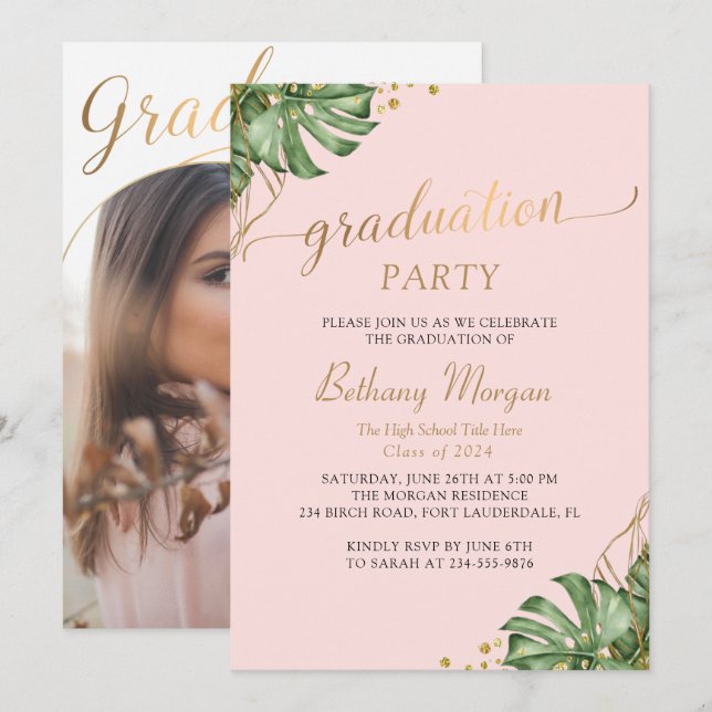Invitation Tropical Pink Gold Arch Photo Graduation Party (Devant / Derrière)