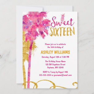 Invitation Tropical Pink Palm Tree Faux Gold Parties scintill