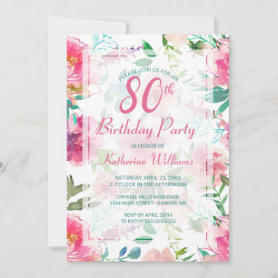 Invitation Tropical Pink Peony Floral 80e fête d'anniversaire