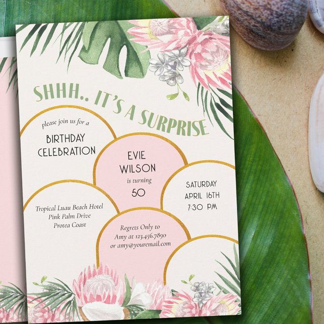 Invitation Tropical Protea et Palm Gold Arch Surprise Party (Créateur téléchargé)