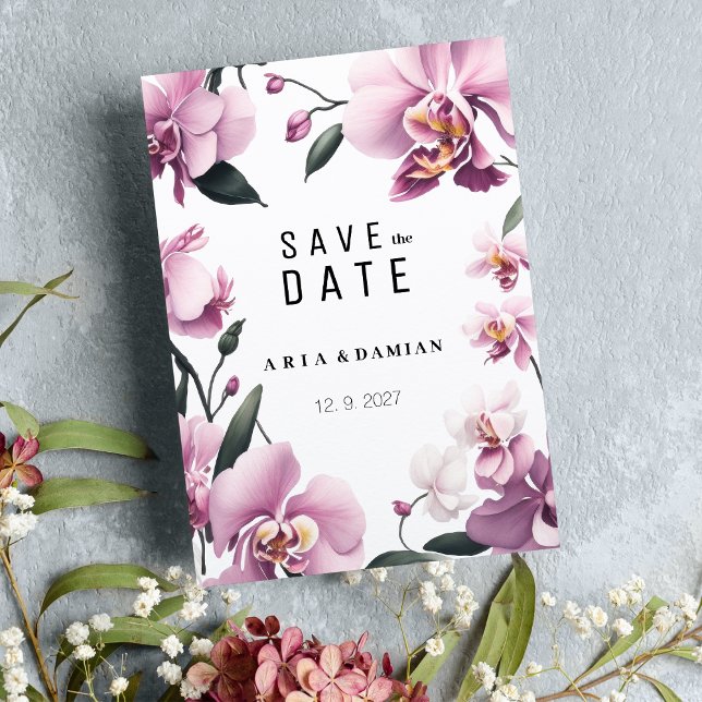 Invitation Tropical rose élégant orchidée floral Enregistrer  (Tropical pink elegant orchid floral Save the Date)