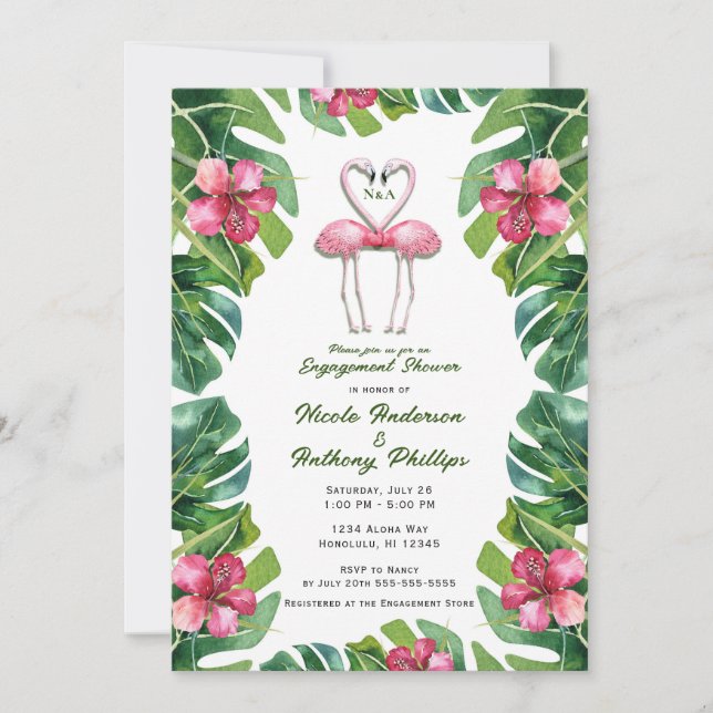 Invitation Tropical Rose Flamants roses Fiançailles Douche (Devant)