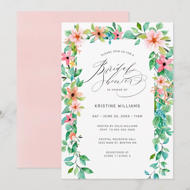 Invitation Tropical Rose Floral Moderne Fête des mariées de s (Devant / Derrière)