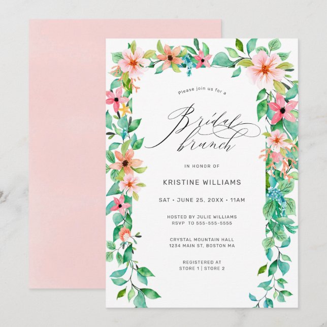 Invitation Tropical Rose Floral Script moderne Brunch nuptial (Devant / Derrière)