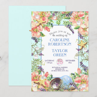 Invitation Tropical Sandy Beach Rose Seashell Pearl Mariage