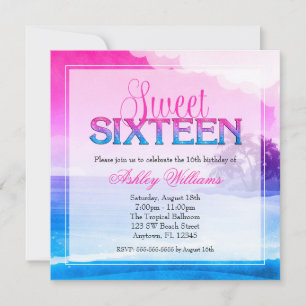 Invitation Tropical Sparkle Pink Blue Sweet 16