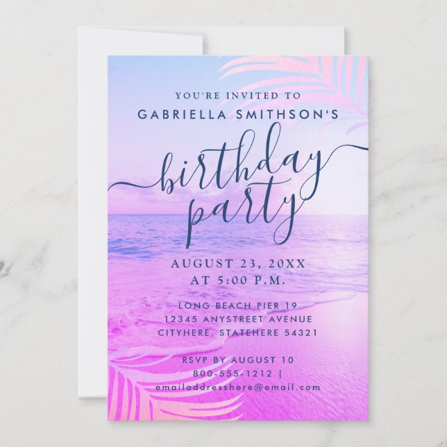 Invitation Tropical Sunset Beach Clair Pink Filtre Anniversai (Devant)