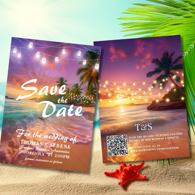 Invitation Tropical Sunset Beach QR Code Enregistrer La Date (Créateur téléchargé)