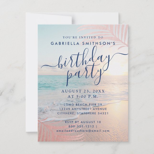 Invitation Tropical Sunset Beach rose fête d'anniversaire Pet (Devant)