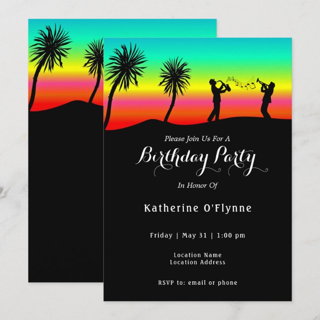 Invitation Tropical Sunset Musiciens Silhouette Anniversaire (Devant / Derrière)