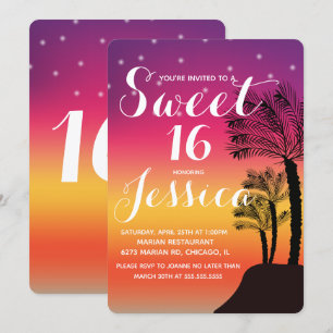 Invitation Tropical Sunset Palm Tree Tropical Sweet 16