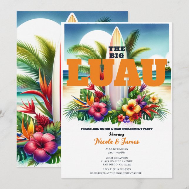 Invitation Tropical Surboard Pool Party Luau Fiançailles (Devant / Derrière)