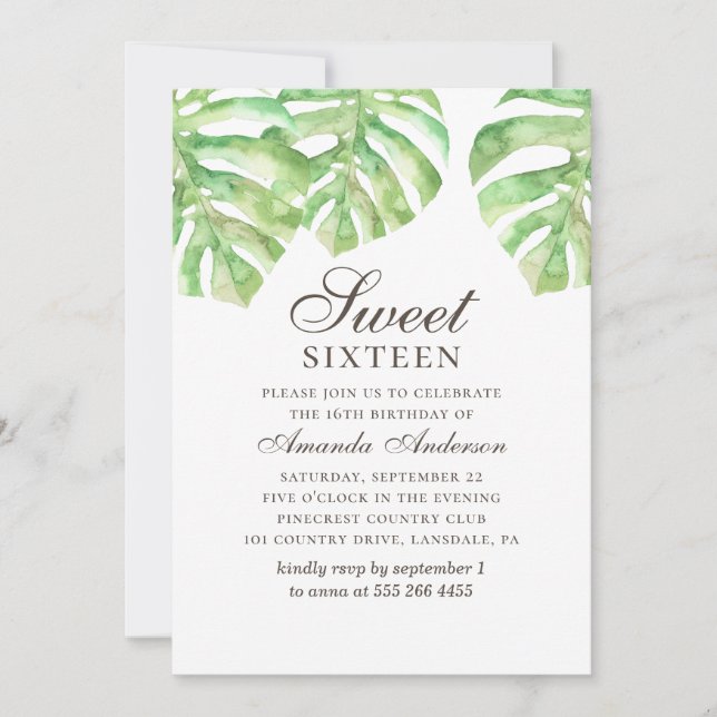 Invitation Tropical Sweet 16. Monstère de verdure 16e anniver (Devant)