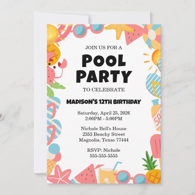 Invitation Tropical Swimming Pool Birthday Party (Devant)