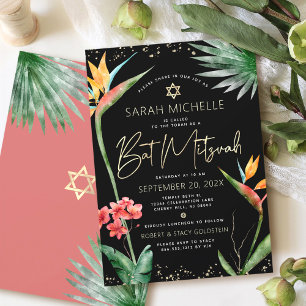 Invitation Tropicale Bat Mitzvah Noir Or Floral Aquarelle