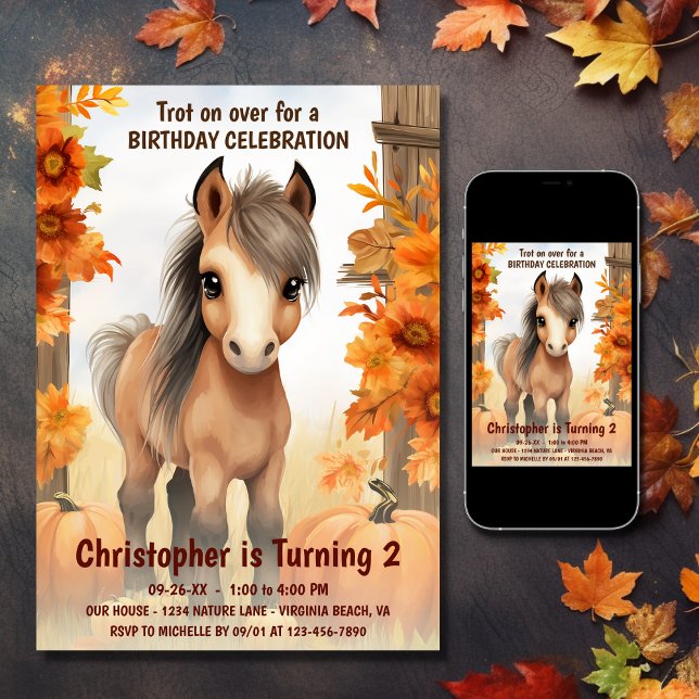 Invitation Trot sur plus mignon Cheval d'automne automne Anni (Printed and Digital - Trot on Over Cute Autumn Horse Fall Birthday Invitation)
