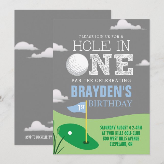 Invitation Trou en un Gray Golf Thèmes Garçons Premier Annive (Devant / Derrière)