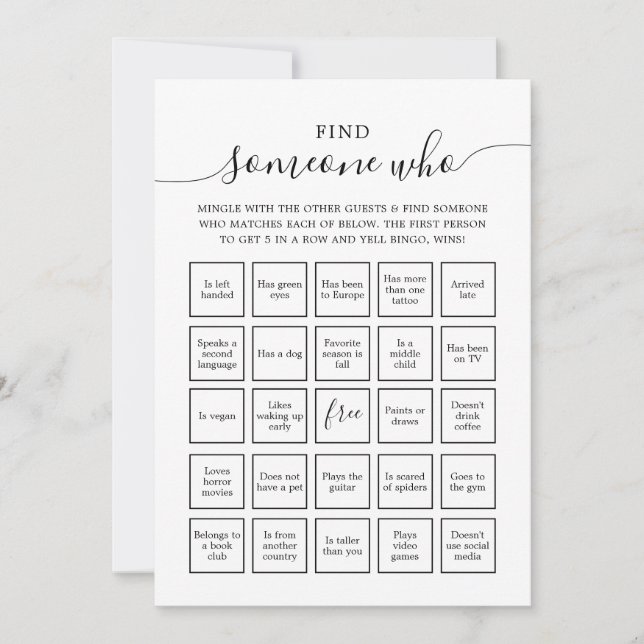 Invitation Trouver quelqu'un qui les invités Bingo (Devant)