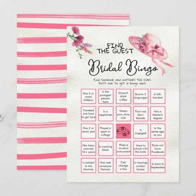 Invitation Trouvez l'invité BINGO Derby Casquette rose jeu de (Devant / Derrière)