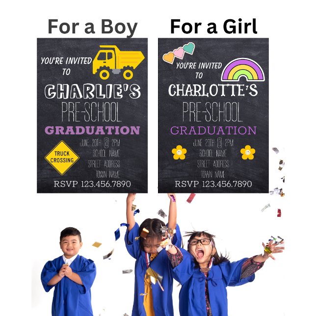 Invitation Truck Crossing Chalkboard Preschool Graduation (Kids preschool kindergarten graduation invitations for a boy or a girl.)