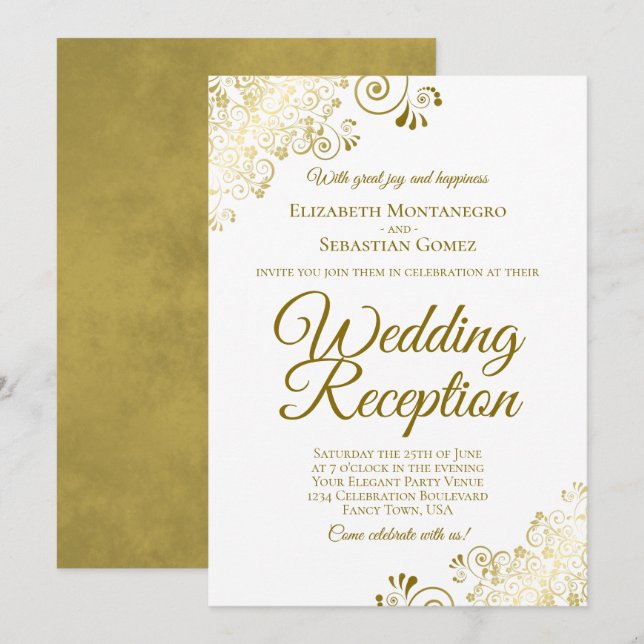 Invitation Trucs d'or sur blanc Elégant mariage réception (Devant / Derrière)