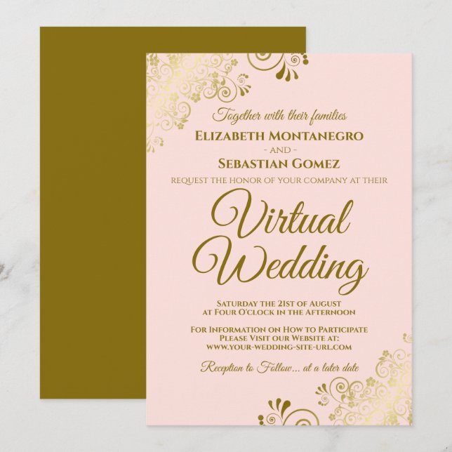 Invitation Trucs d'or sur Blush Pink Elegant Mariage virtuel (Devant / Derrière)