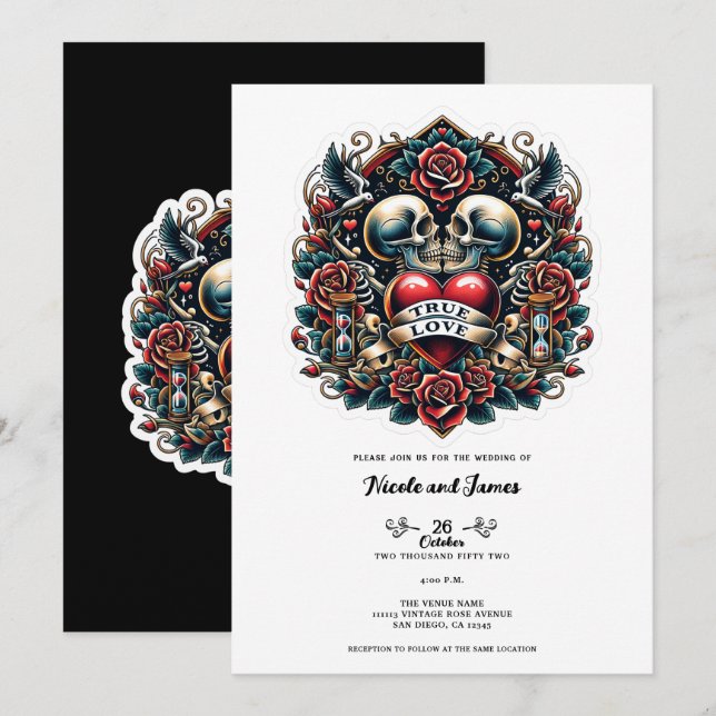 Invitation True Love Skeleton Heart Tattoo Mariage (Devant / Derrière)
