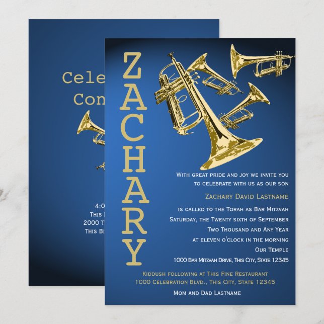 Invitation Trumpet Mania Music Blue Gold Bar Mitzvah (Devant / Derrière)
