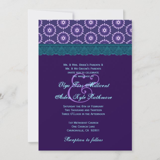 Invitation TT024 Monogramme de Mariage de dentelle bleue et v (Devant)