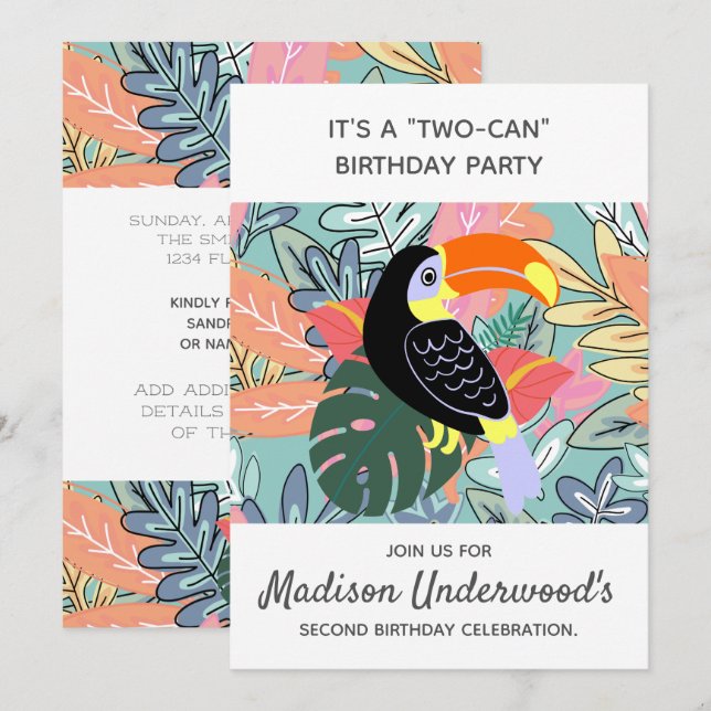 Invitation Tucan Deuxième anniversaire Jungle Thème d'été (Devant / Derrière)