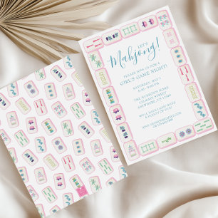 Invitation Tuiles de Mahjong Rose et Vert Aquarelle Fête