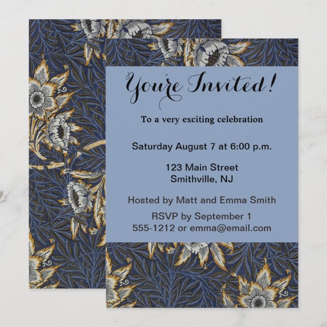 Invitation Tulipe Saules Motif Bleu Floral de William Morris (Devant / Derrière)