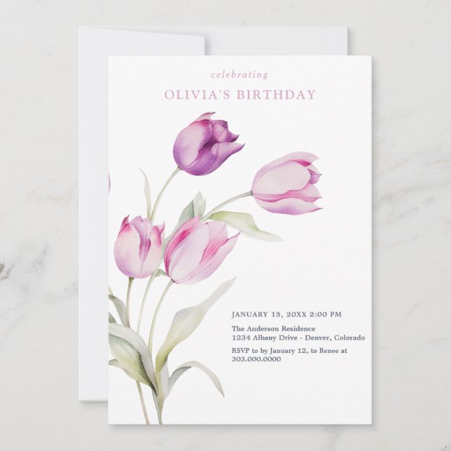 Invitation Tulipes aquarelles lilas rose violet (Devant)