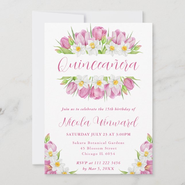 Invitation Tulipes d'aquarelle et jonquilles Cadre Quinceaner (Devant)