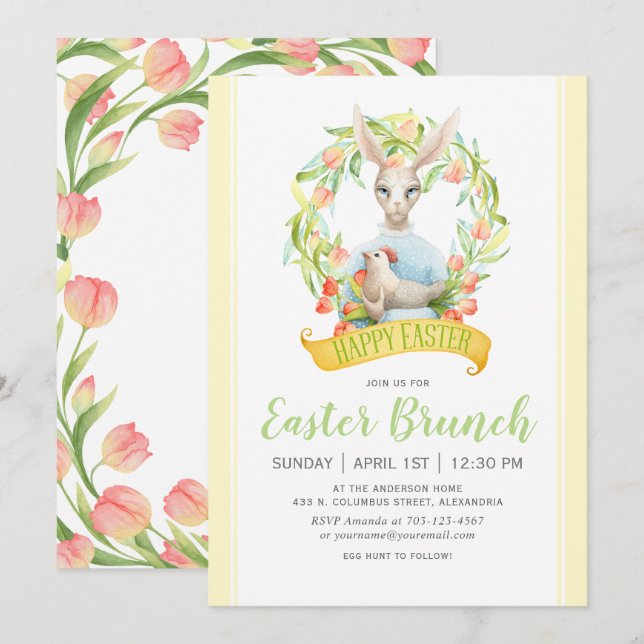 Invitation Tulipes d'aquarelle et lapin Brunch de Pâques (Devant / Derrière)